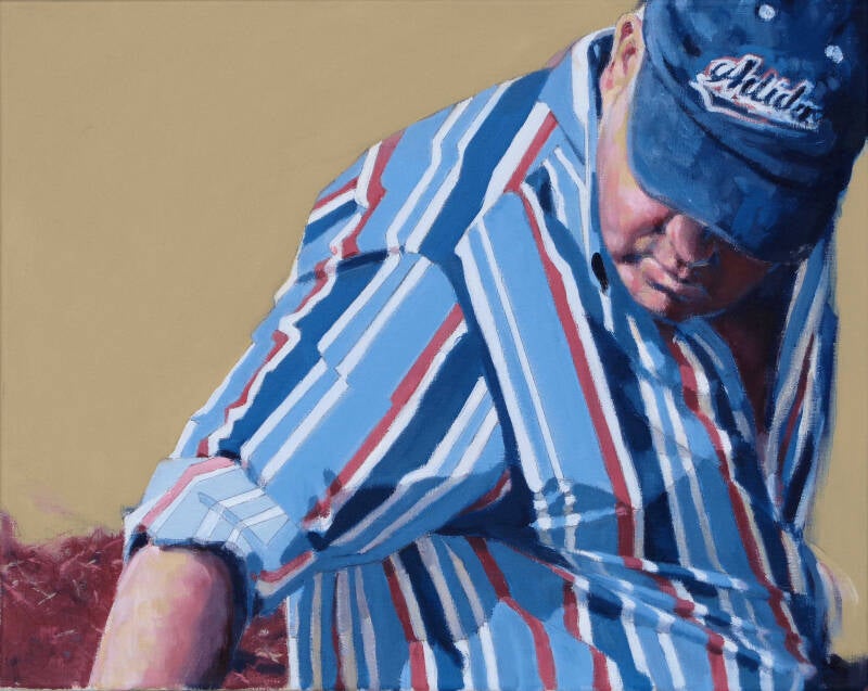  Art, Painting, Oil painting, Torso, Head, Shoulders, Person, Man, Cap, Shirt,  Stripes
