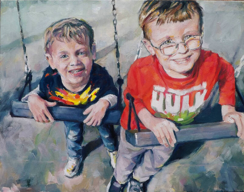 Art, Painting, Oil painting, Boy, Boys, Child, Children,  Swing, Park, Playground, Graphics