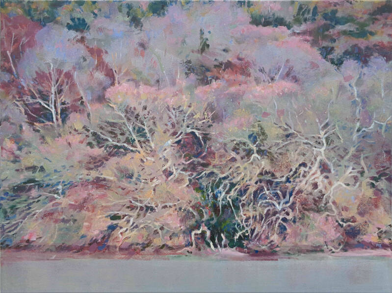 Art, Painting, Oli painting, Landscape, Woodland, Tree, Mist, River, Winter