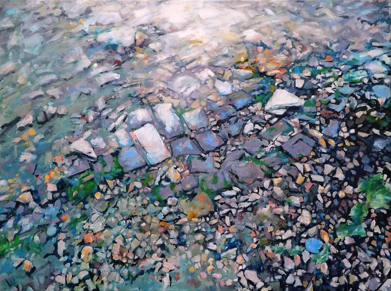  Art, Painting, Oil painting, Beach, Stone, Cobble, Weed, Road, Ruin