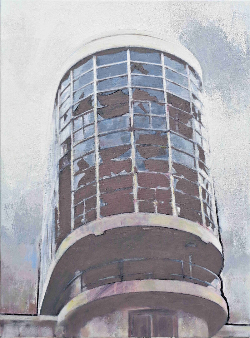 Art, Painting, Oil painting, Demolition site, Building, Factory, Exterior, Art Deco, Broken windows