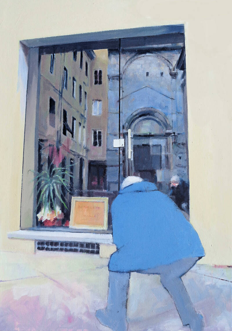  Art, Painting, Oil painting, Building, Shop, Gallery, Person, Crouch, Reflection, Italy, Florence