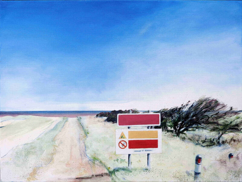 Art, Painting, Oil painting, Landscape, Coast, Sea, Road, Roadsign, Warning, Erosion