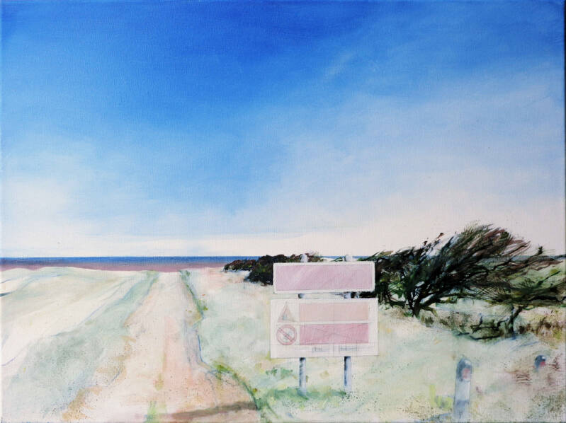 Art, Painting, Oil painting, Landscape, Coast, Sea, Road, Roadsign, Warning, Erosion