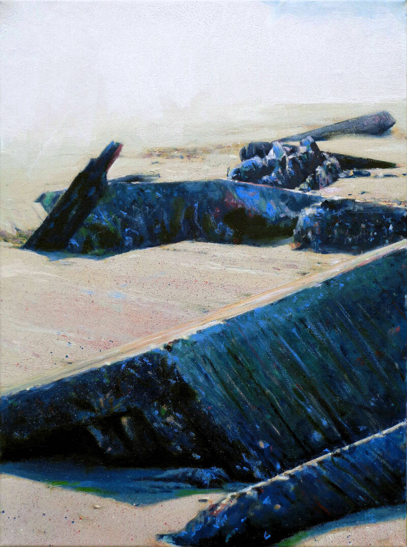  Art, Painting, Oil painting, Beach, Sea Defence, Concrete, Mist, Fog