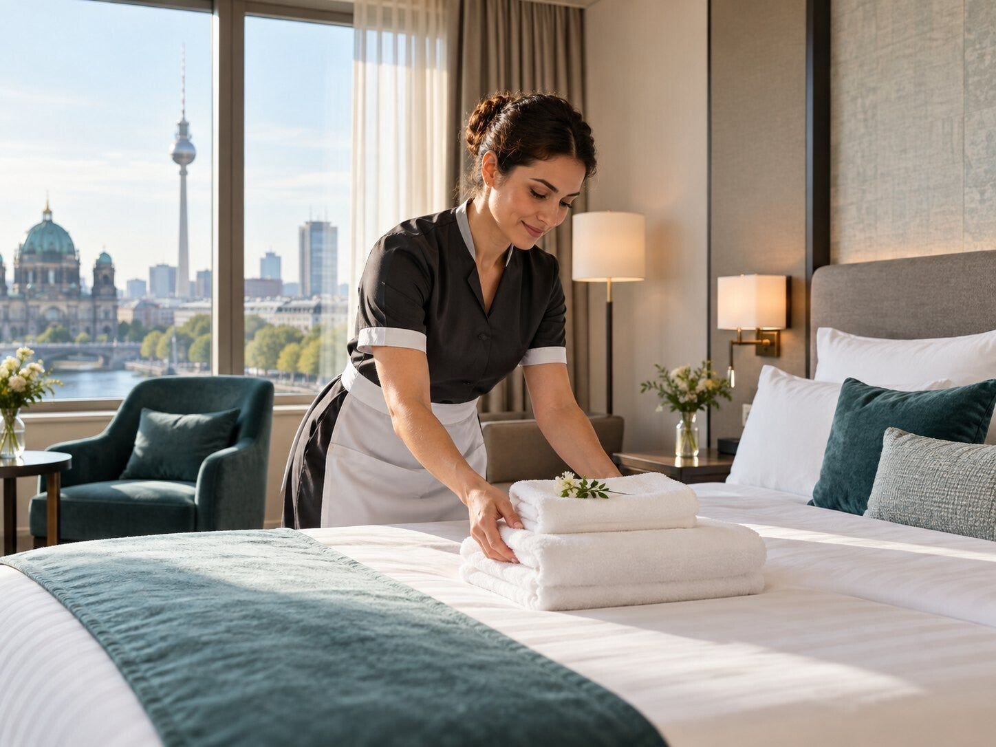 Housekeeping bereitet ein Hotelzimmer mit frischer Bettwäsche vor.