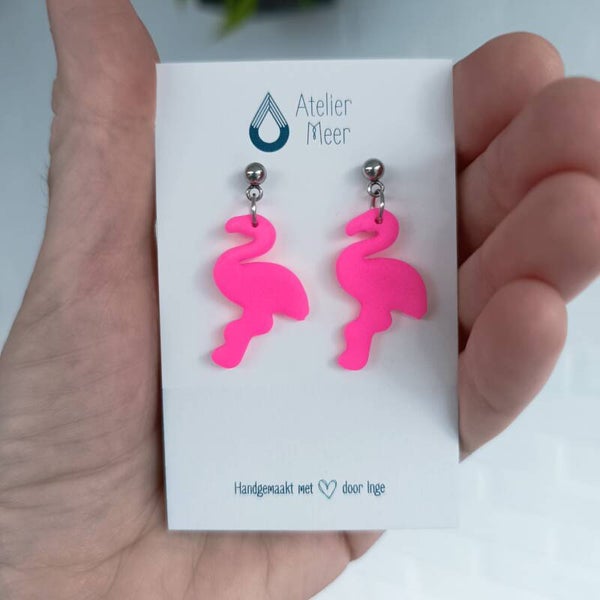 Flamingo oorbellen ~ fluo roze