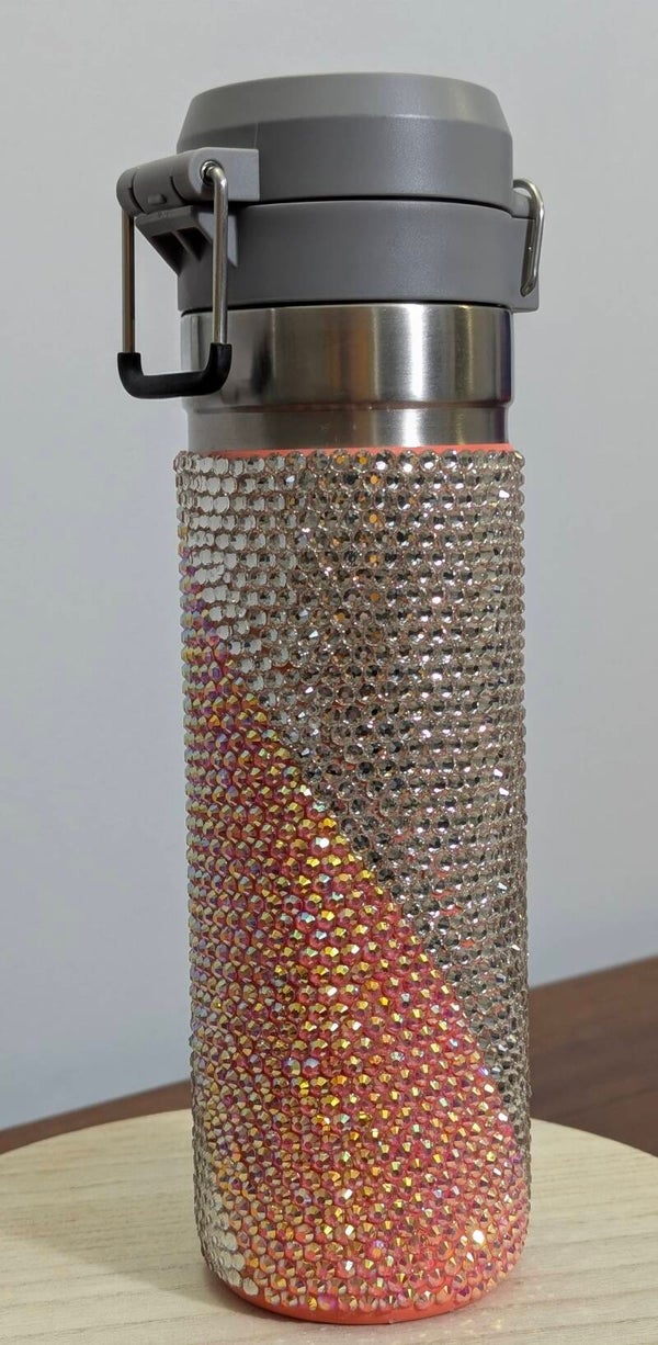 20oz Stanley water bottle with Silver and Coral rhinestones