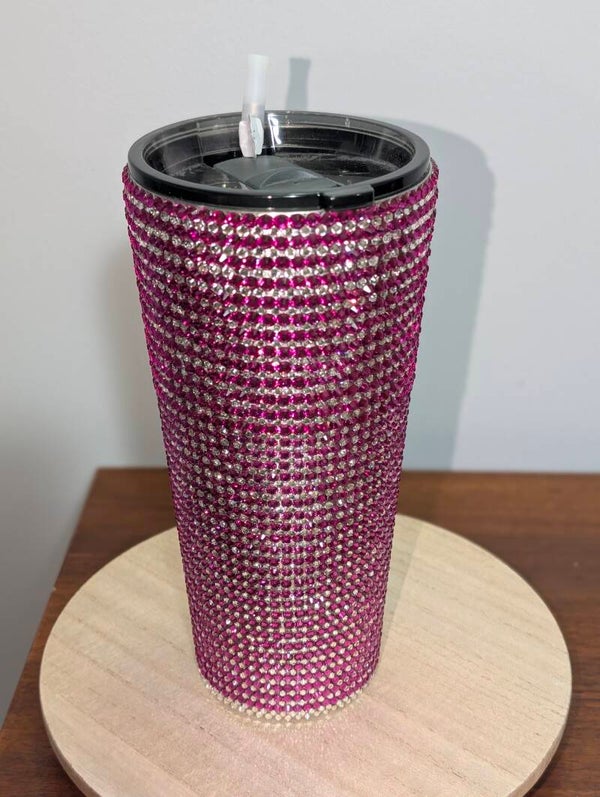 32oz Hot Pink and Silver rhinestone tumbler