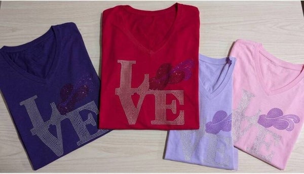Sparkling Rhinestone LOVE & Red Hat V-Neck Tee