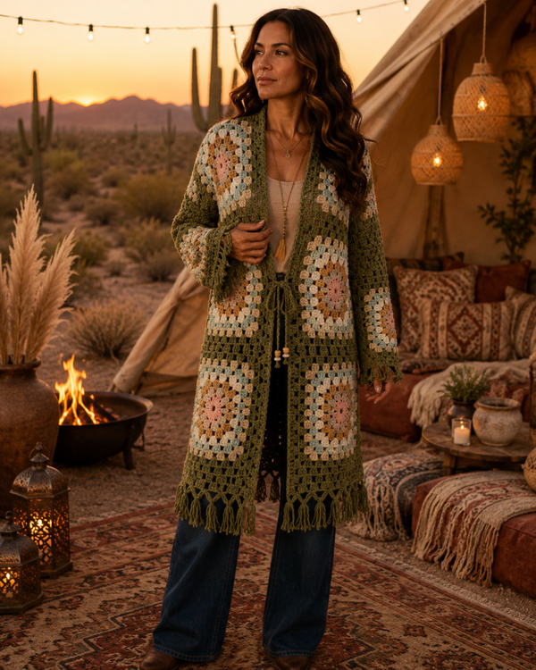 Dream Catcher Cardigan with macramé inspired fringe, and a beaded tie up