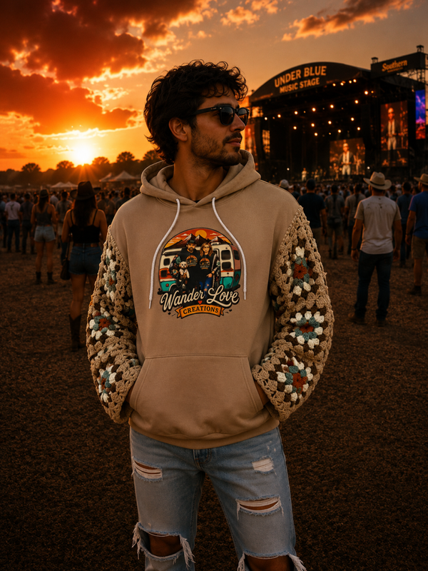 Unisex Wander Love Logo Hoodie with Granny Square Sleeves