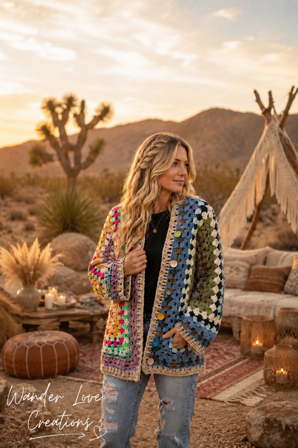 Wanderlust Hexagon Cardigan with Handpained Colour Full Buttons
