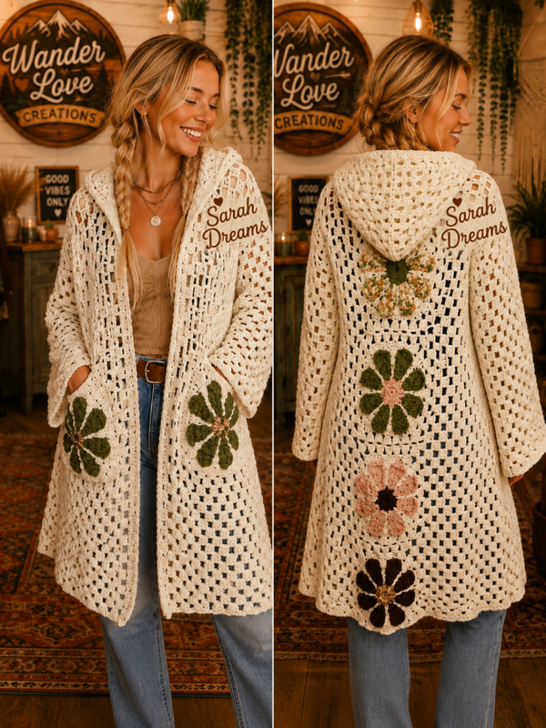 Retro Daisy Whimsical Hooded Cardigan with Daisy pockets