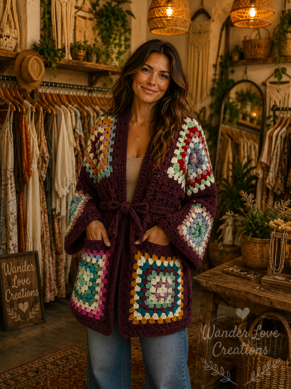 Artisan Crochet Belted Cardigan with Over sized Granny Square Pockets