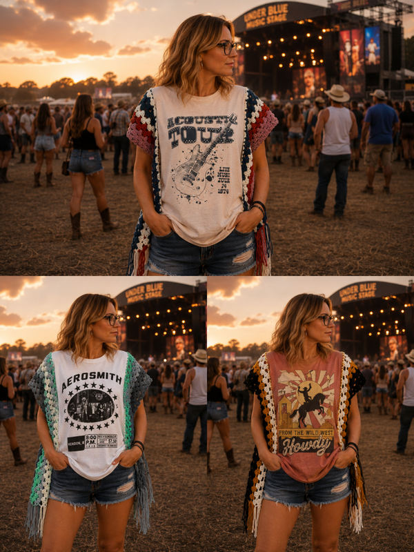 Hippie Fringe Graphic Tshirt Poncho