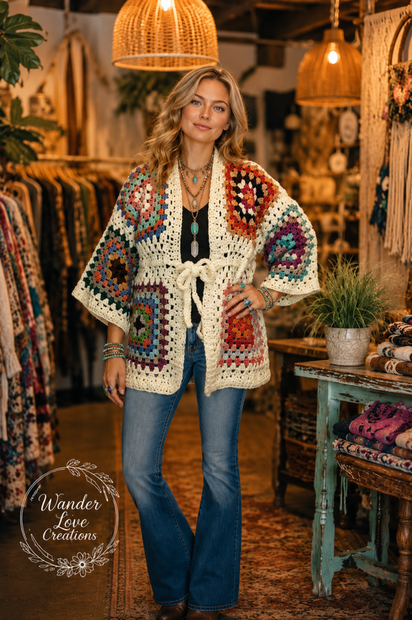 Artisan Crochet Belted Cadigan with Over Sized Granny Square Pockets
