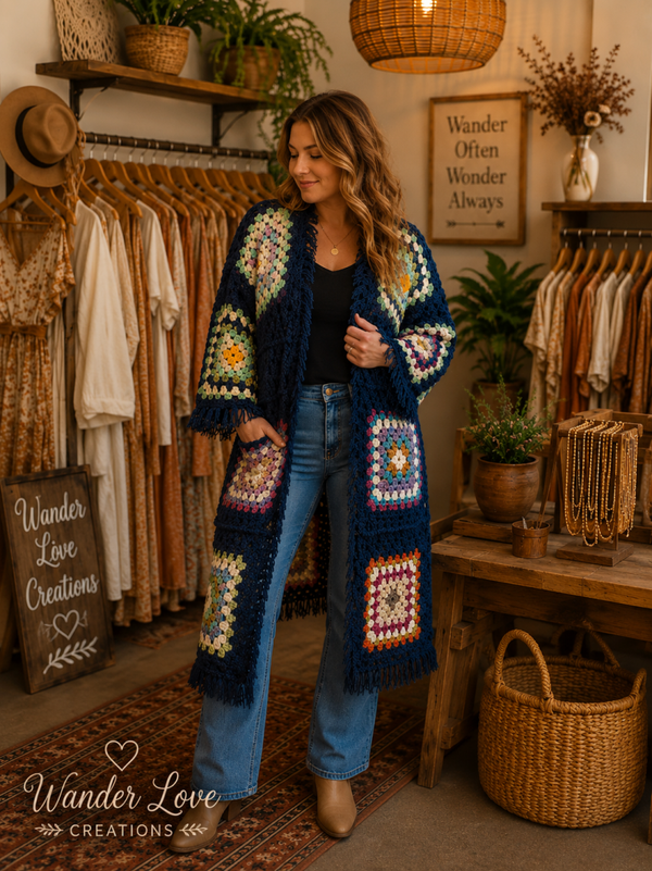 Long Fringed Oversized Granny Square Cardigan
