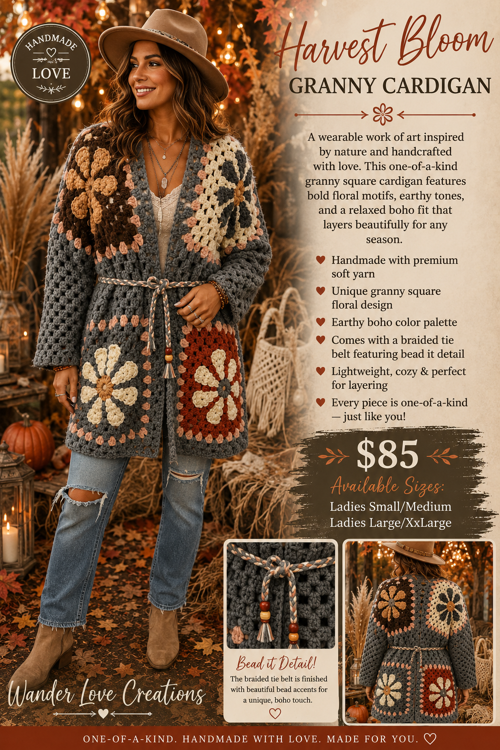 Autumn Bloom Cardigan with braided and beaded belt