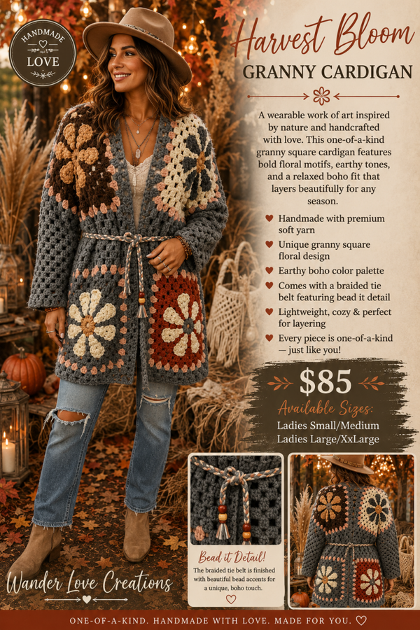 Autumn Bloom Cardigan with braided and beaded belt