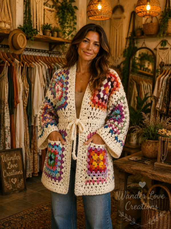 Artisan Crochet Belted Cardigan with Over Sized Granny Square Pockets