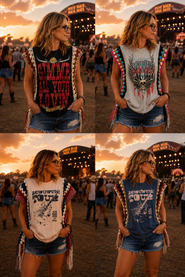 Hippie Fringe Graphic Tshirt Poncho