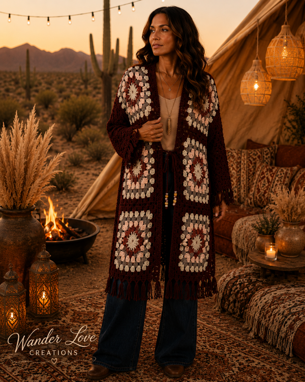 Dream Catcher Cardigan with macramé fringe, and beaded tie