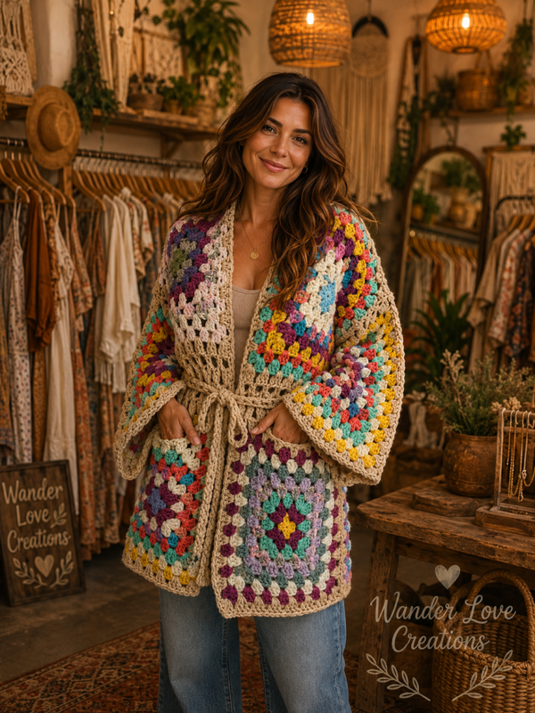 Artisan Crochet Belted Cardigan with Oversized granny squares and Pockets