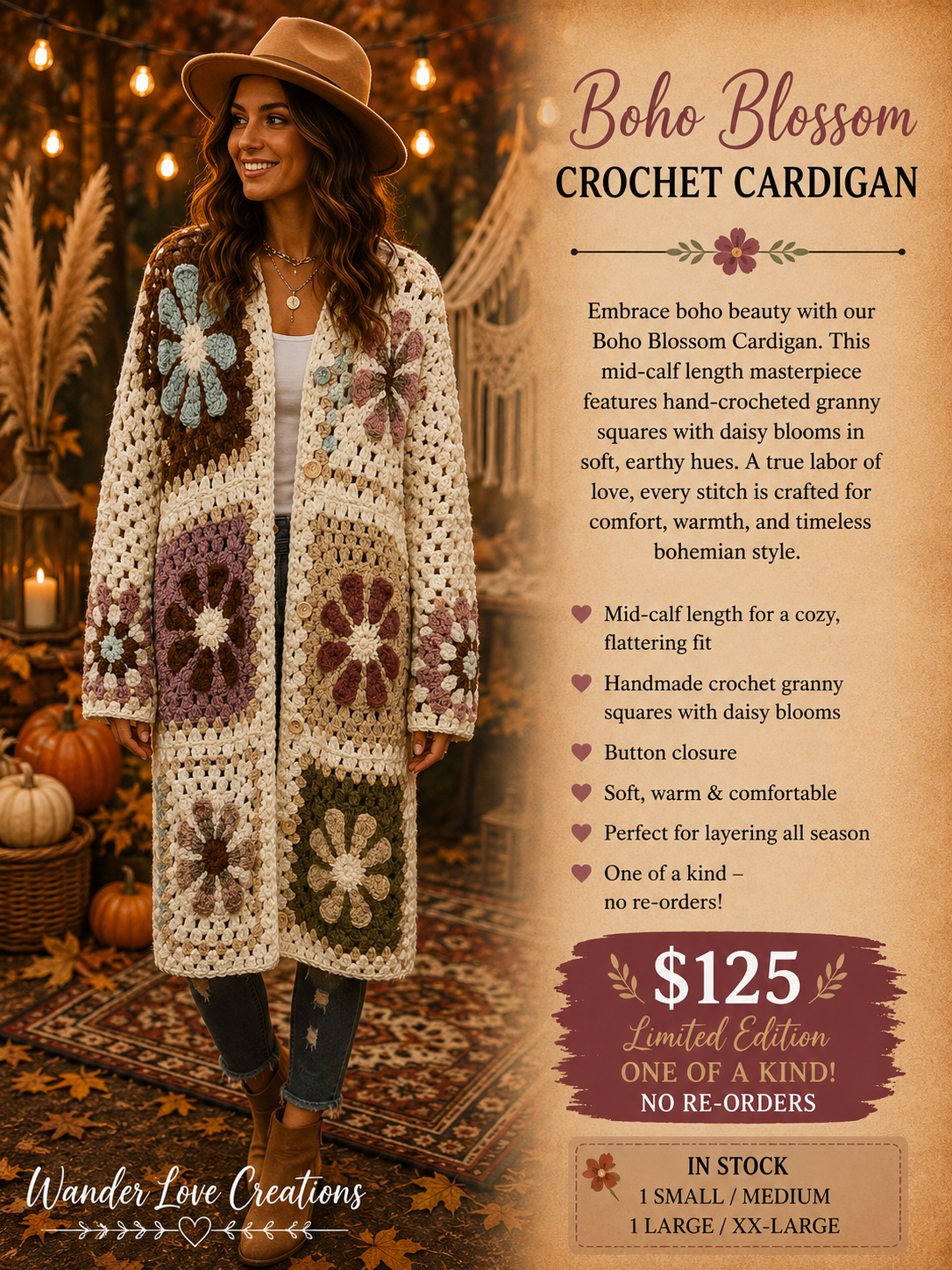 Autumn Bloom Granny Squares Button Cardigan