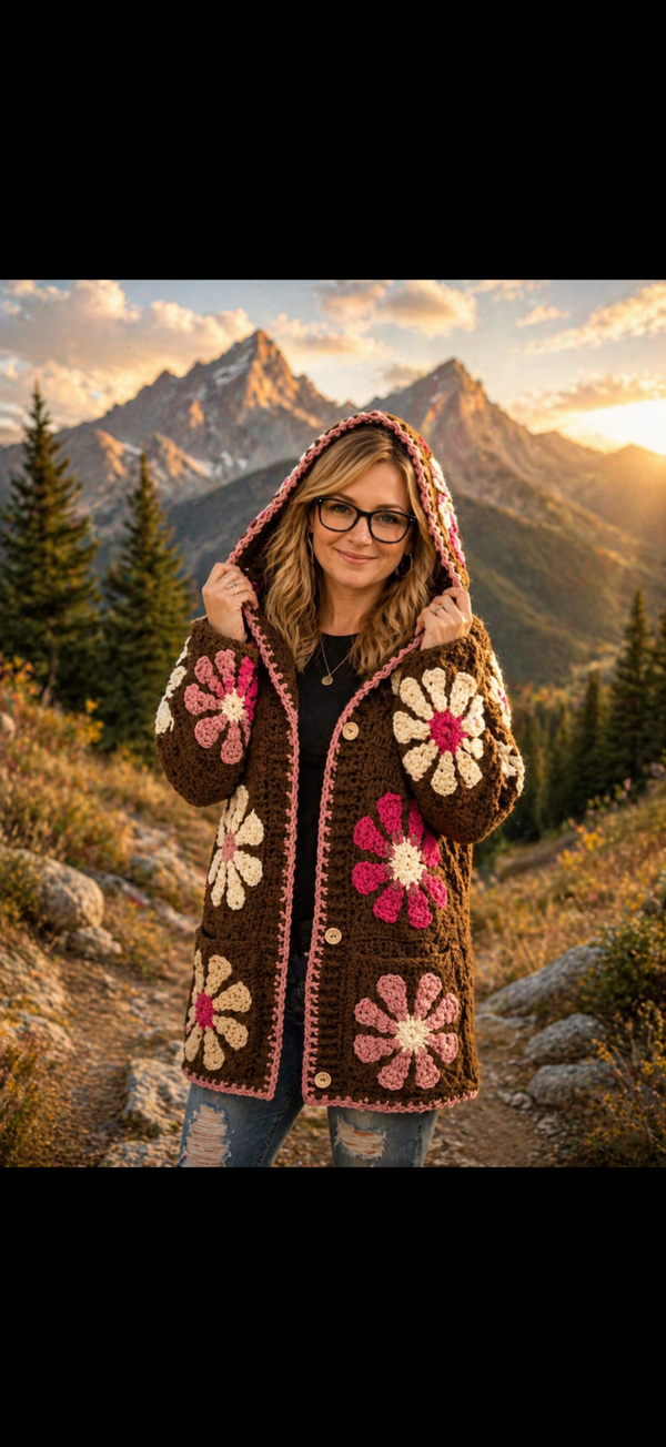 Retro Daisy Hooded Cardigan with Pockets and Buttons in Colour Canyon Rose