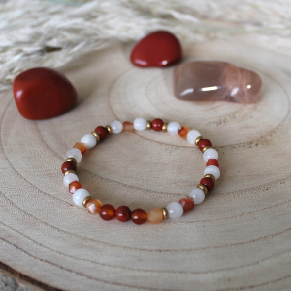 "Féminin sacré" Cornaline, Pierre de lune et Jaspe rouge - 6mm