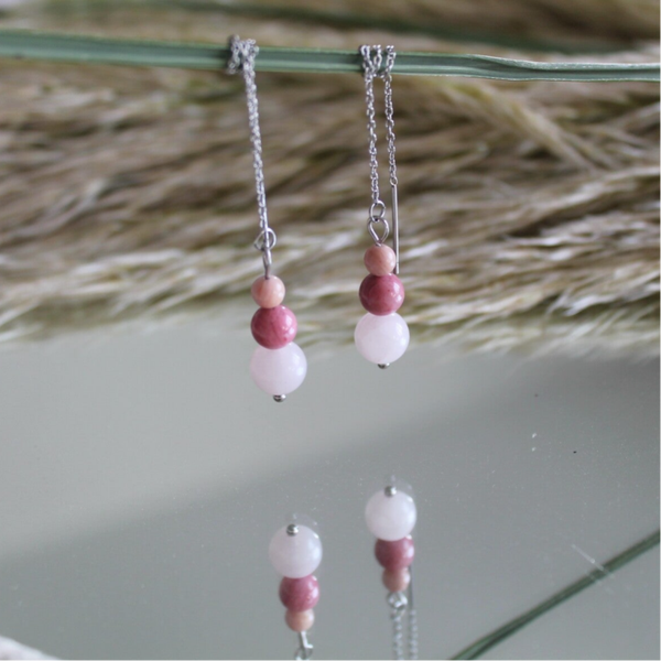 Boucles filantes "Guérison émotionnelle" Quartz rose et Rhodochrosite