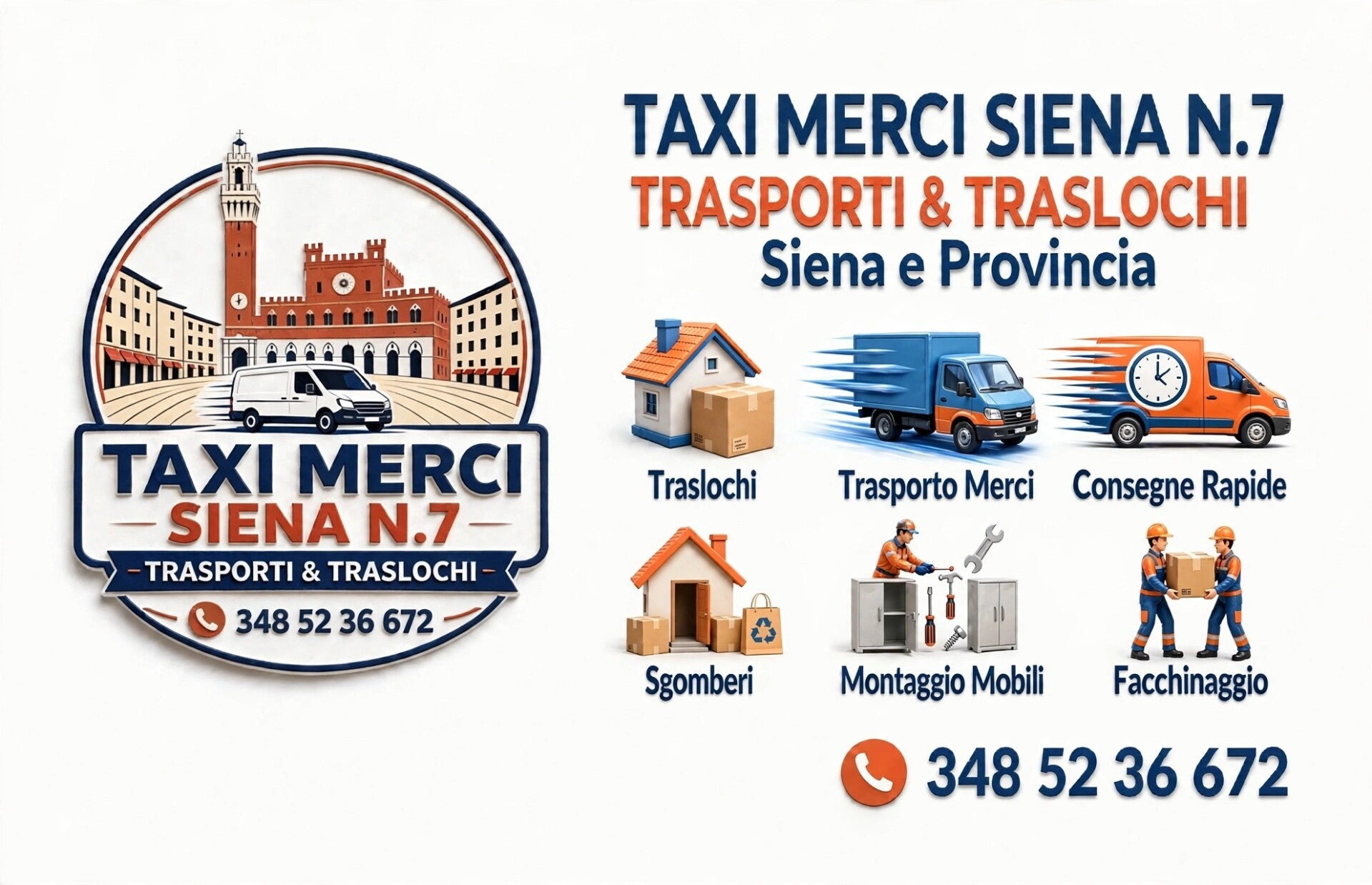 Logo e servizi di Taxi Merci Siena N.7: traslochi, trasporto merci, consegne rapide, sgomberi, montaggio mobili e facchinaggio a Siena e provincia.