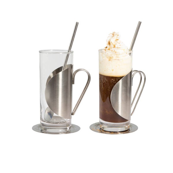 2-Pack irish coffee set innehållandes 2 glas, 2 sugrör och 2 underlägg.