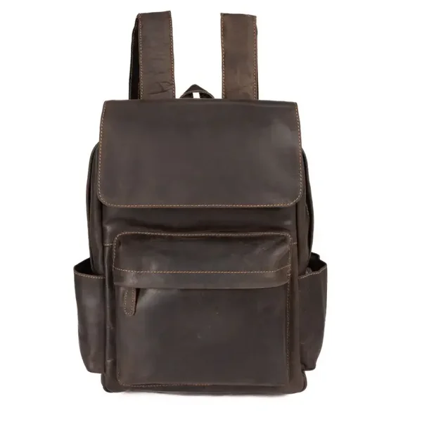 Vintage Leather Backpack Brown - Unisex Dome Front