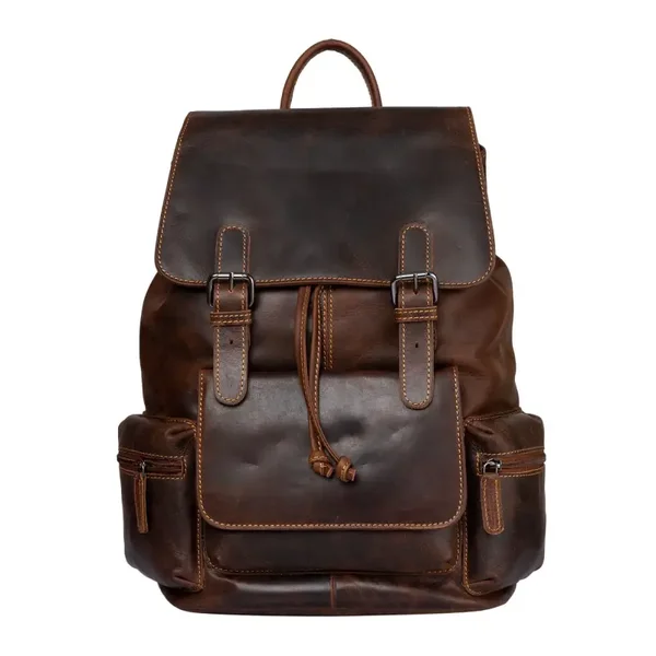 Vintage Leather Backpack Brown - Unisex Push Buckle Front