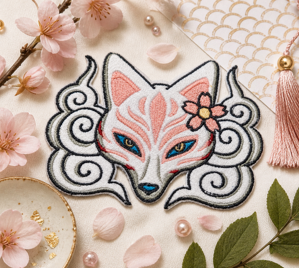 🦊Patch brodé Kitsune – écusson renard japonais floral féérique