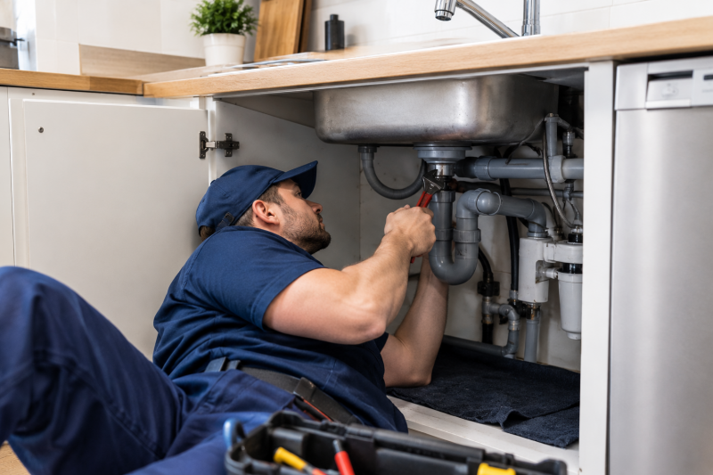Plumber inspecting leaking pipework under a kitchen sink