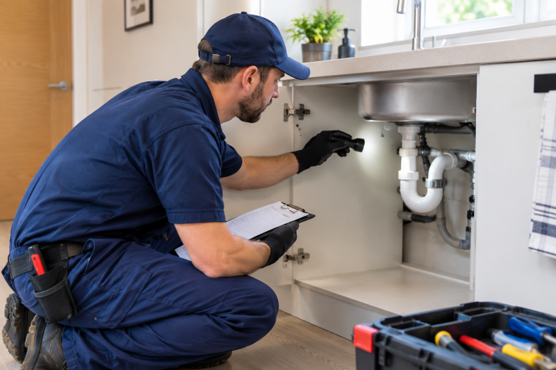 Suggested image alt text: Professional plumber carrying out plumbing maintenance in a UK home