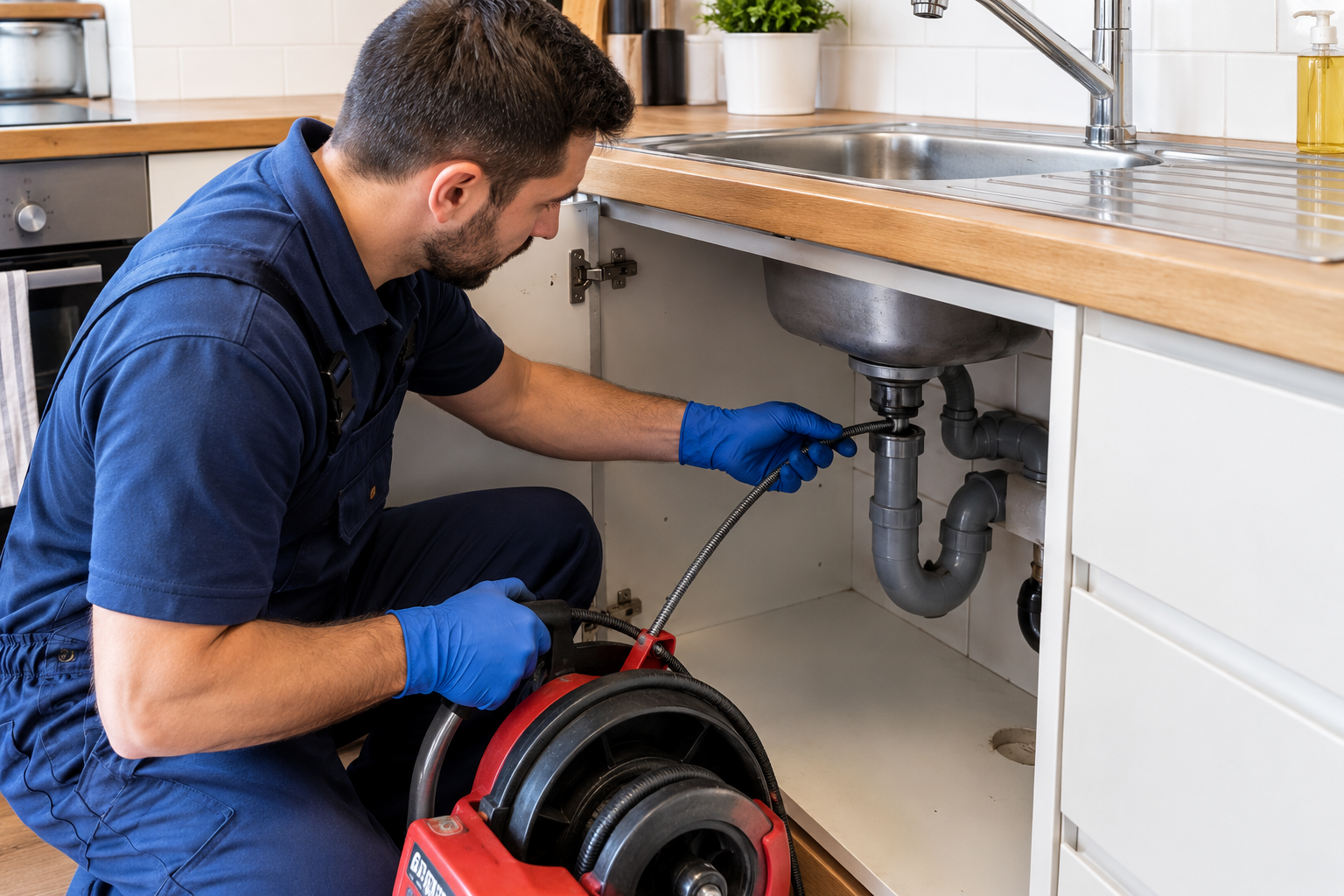 A professional plumber inspecting or clearing a blocked kitchen sink/drain.