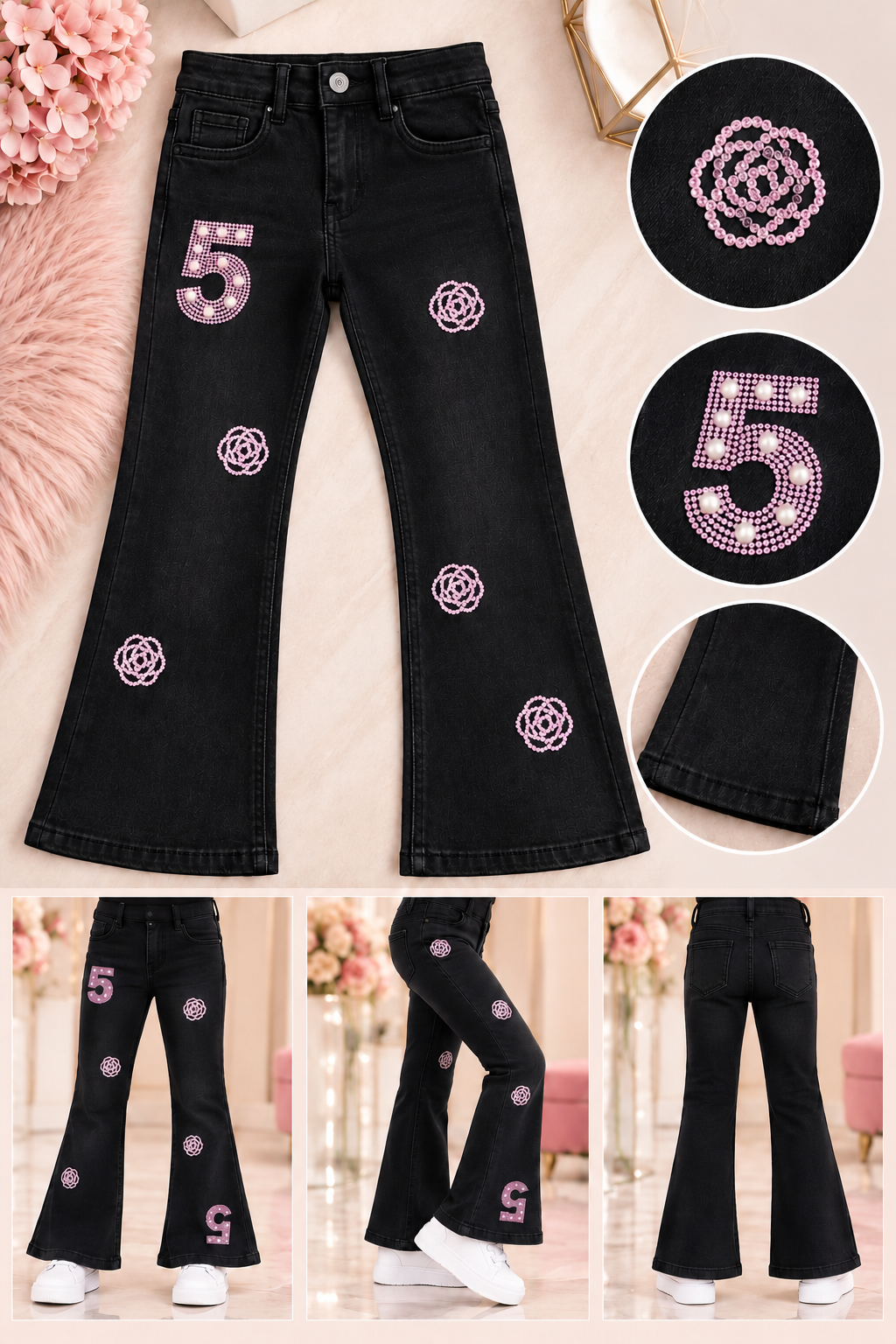 Flared Jeans Pink Roses – Black