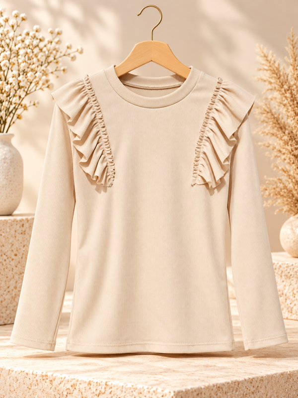 Rib Top met Ruffle Details – Beige