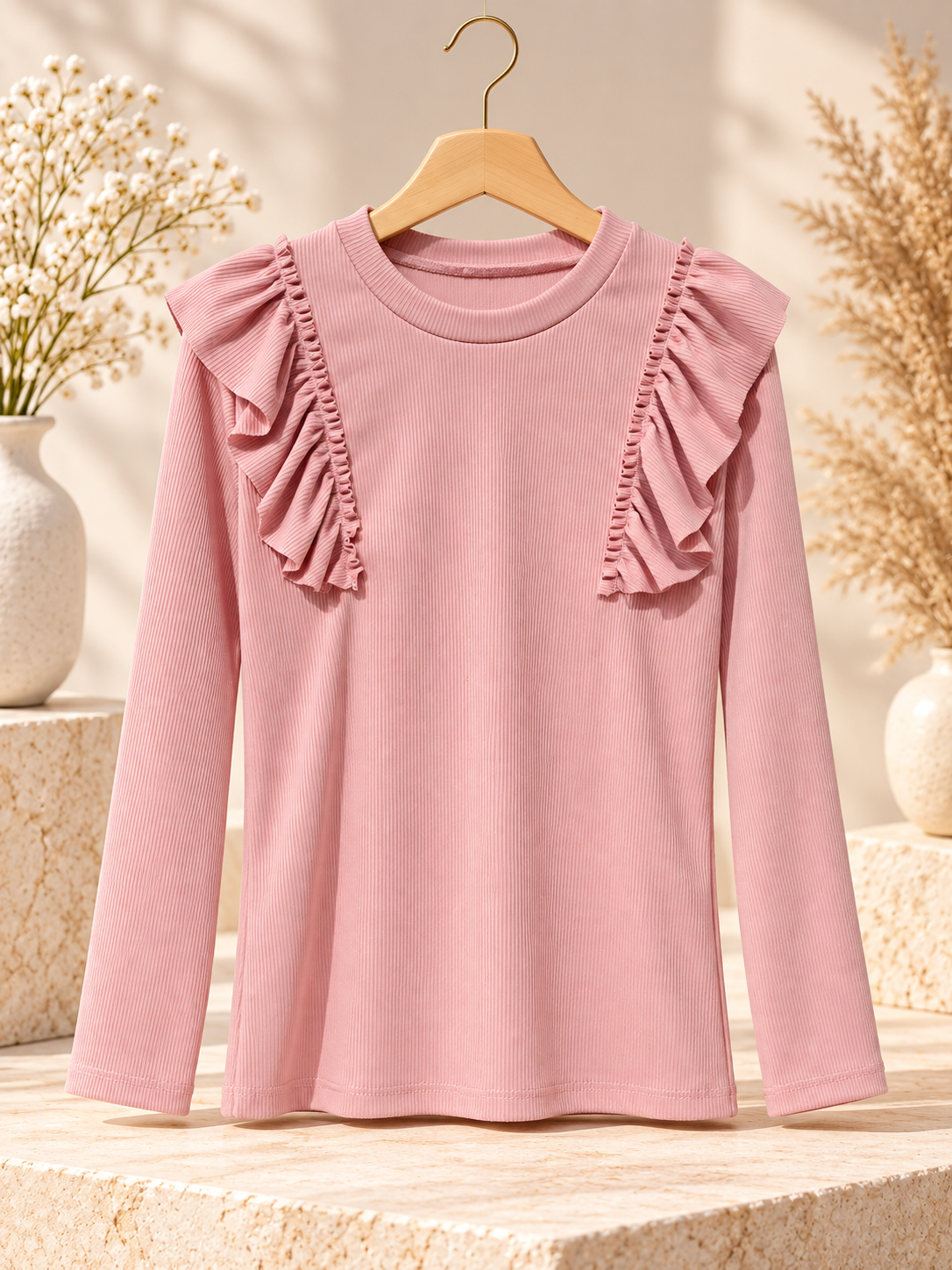 Rib Top met Ruffle rose