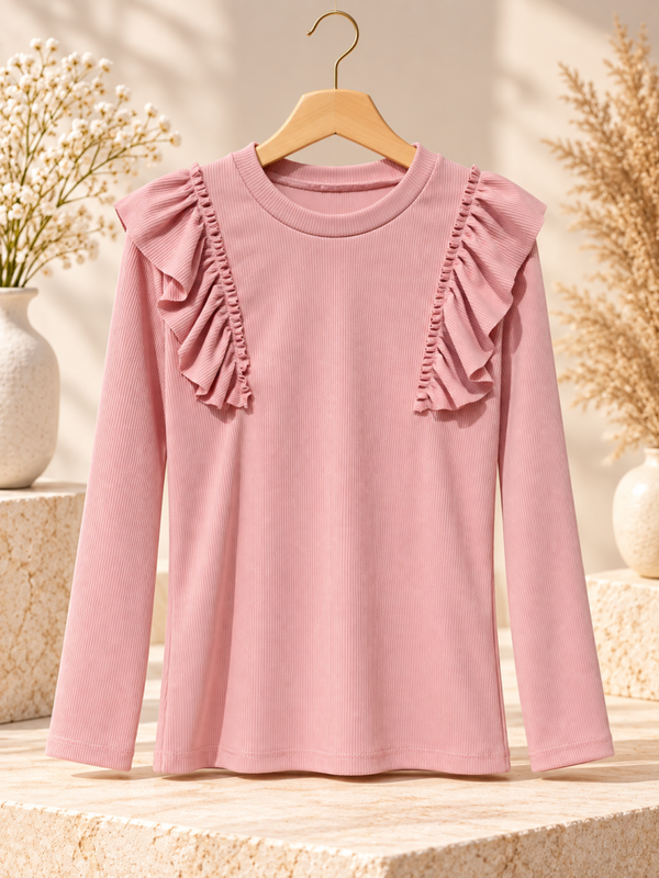 Rib Top met Ruffle rose