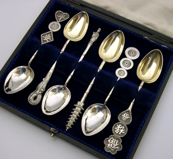 SUPERB SET OF SIX CHINESE EXPORT SOLID SILVER SPOONS c1920 ANTIQUE CASED