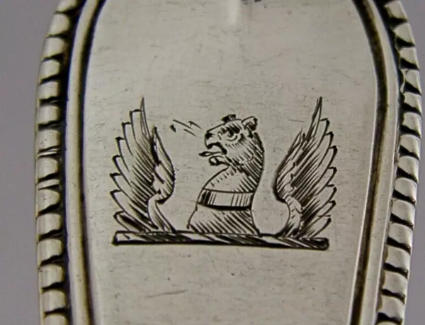 ENGLISH VICTORIAN SOLID STERLING SILVER GUY FAMILY CRESTED FORK 1854 ANTIQUE