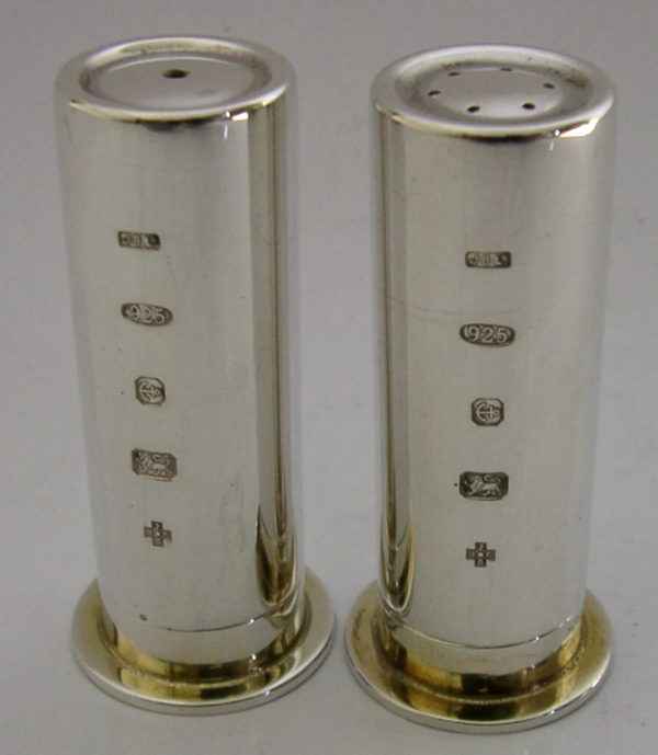 BOXED STERLING SILVER SHOOTING GUN CARTRIDGE SALT PEPPER POTS 2000 CRUET SET