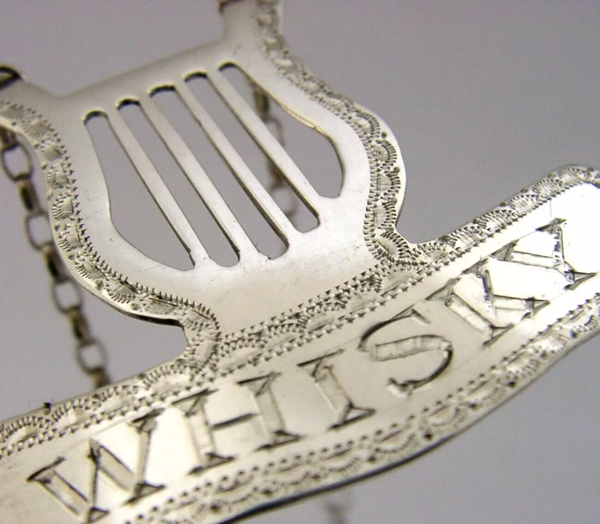 UNUSUAL ENGLISH SOLID STERLING SILVER HARP WHISKY DECANTER LABEL 2013 BARWARE