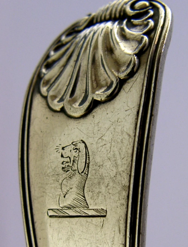 ENGLISH ANTIQUE STERLING SILVER HAIGH FAMILY CRESTED SUGAR SIFTER SPOON 1846