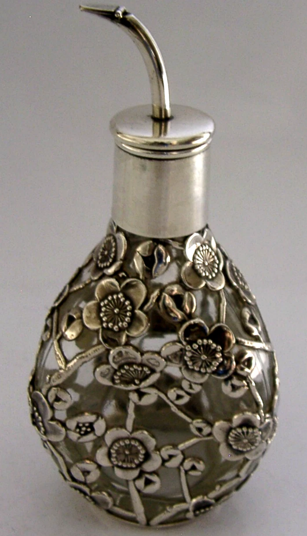 BEAUTIFUL JAPANESE SOLID SILVER GLASS BITTERS BOTTLE c1920 ANTIQUE BARWARE